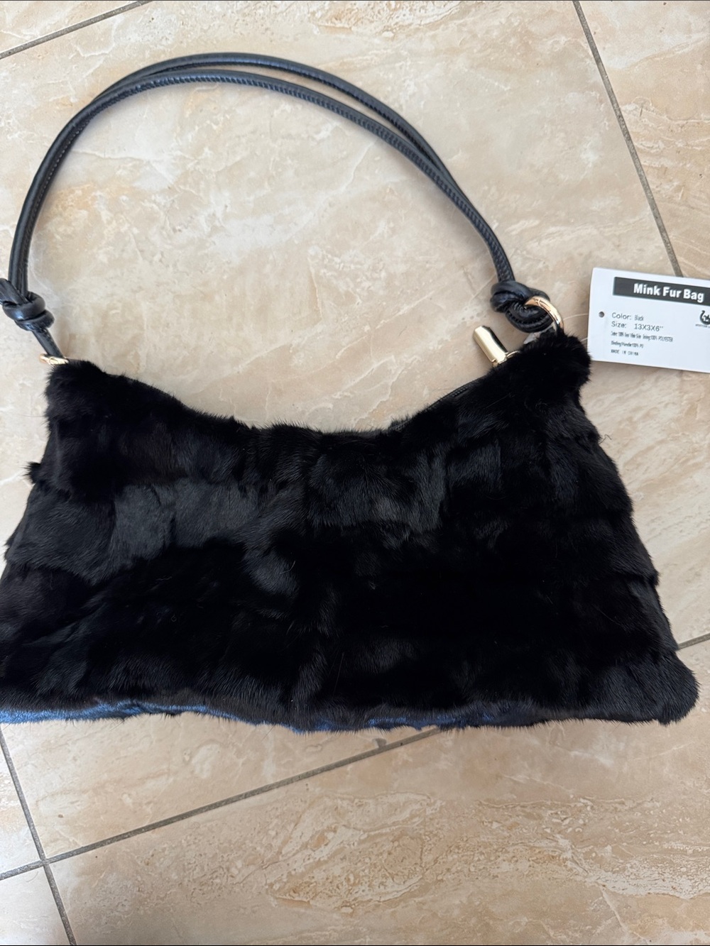 Black mink Fur Shoulder Bag with Gold Hardware